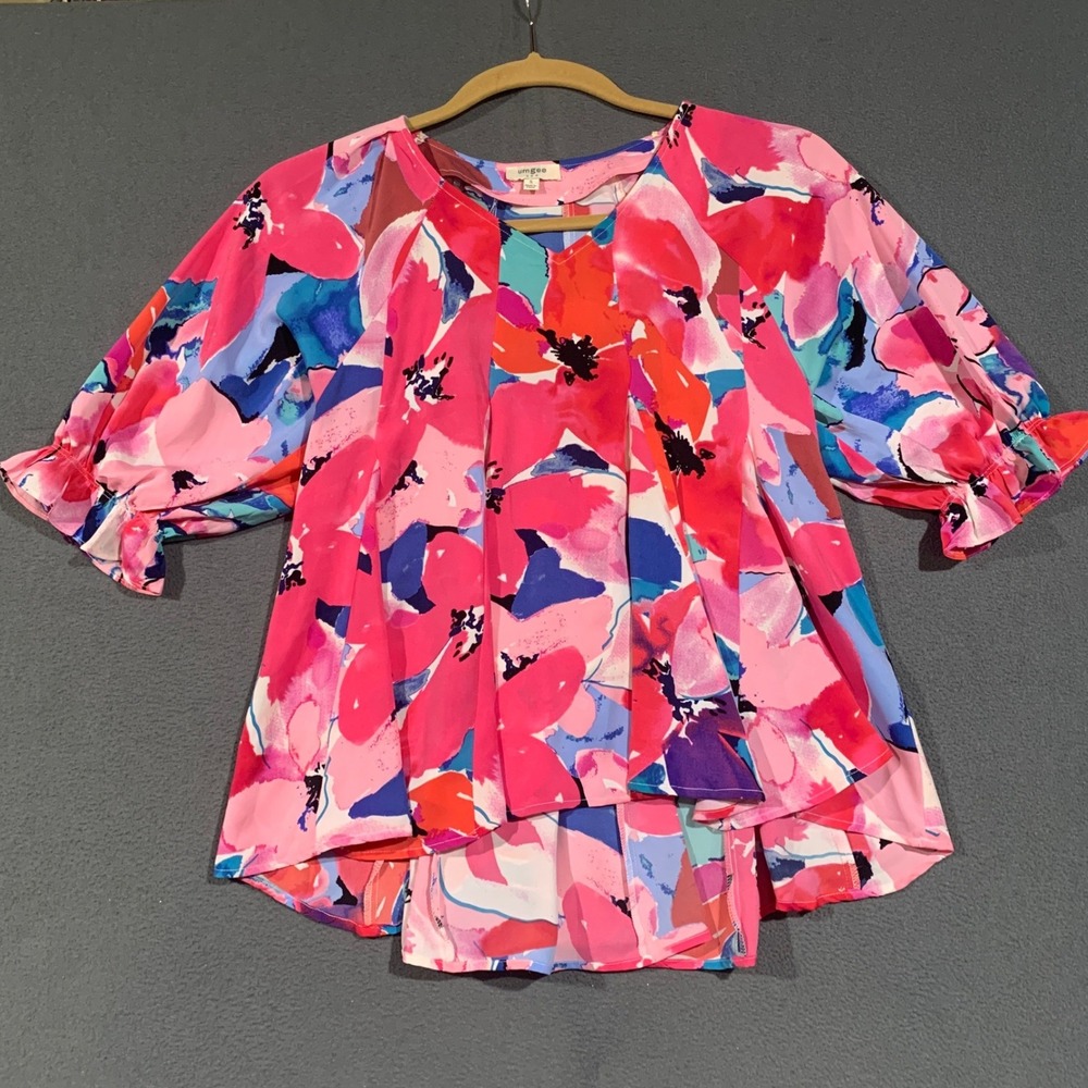 Umgee Floral Blouse Womens S Pink Blue V-Neck Puff Sleeve High-Low A0222 Boho